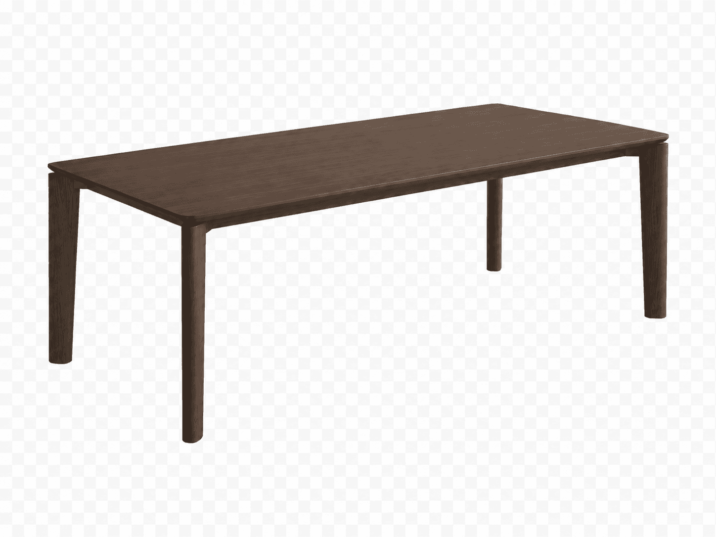 A modern rectangular dining table crafted from dark wood, featuring a clean, minimalist design. The tabletop has slightly rounded corners and sits atop four tapered legs that connect directly to the tabletop, giving it a sleek appearance. — 3D model