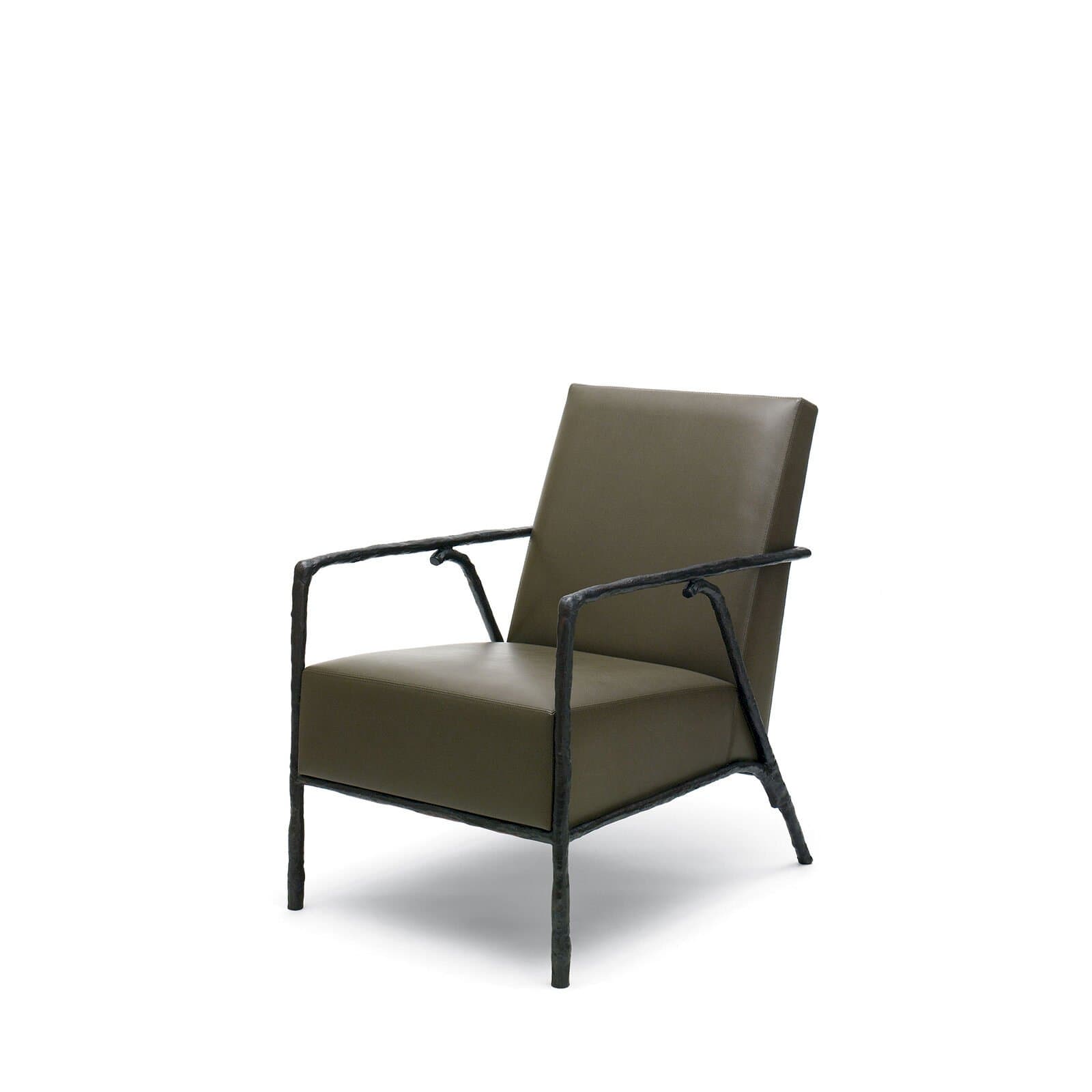 A lounge chair featuring a distinctive dark, roughly textured forged metal frame and thick, dark olive-green upholstered cushions. The frame has an organic, somewhat rustic aesthetic, contrasting with the smooth, plain upholstery of the seat and backrest. — 3D model