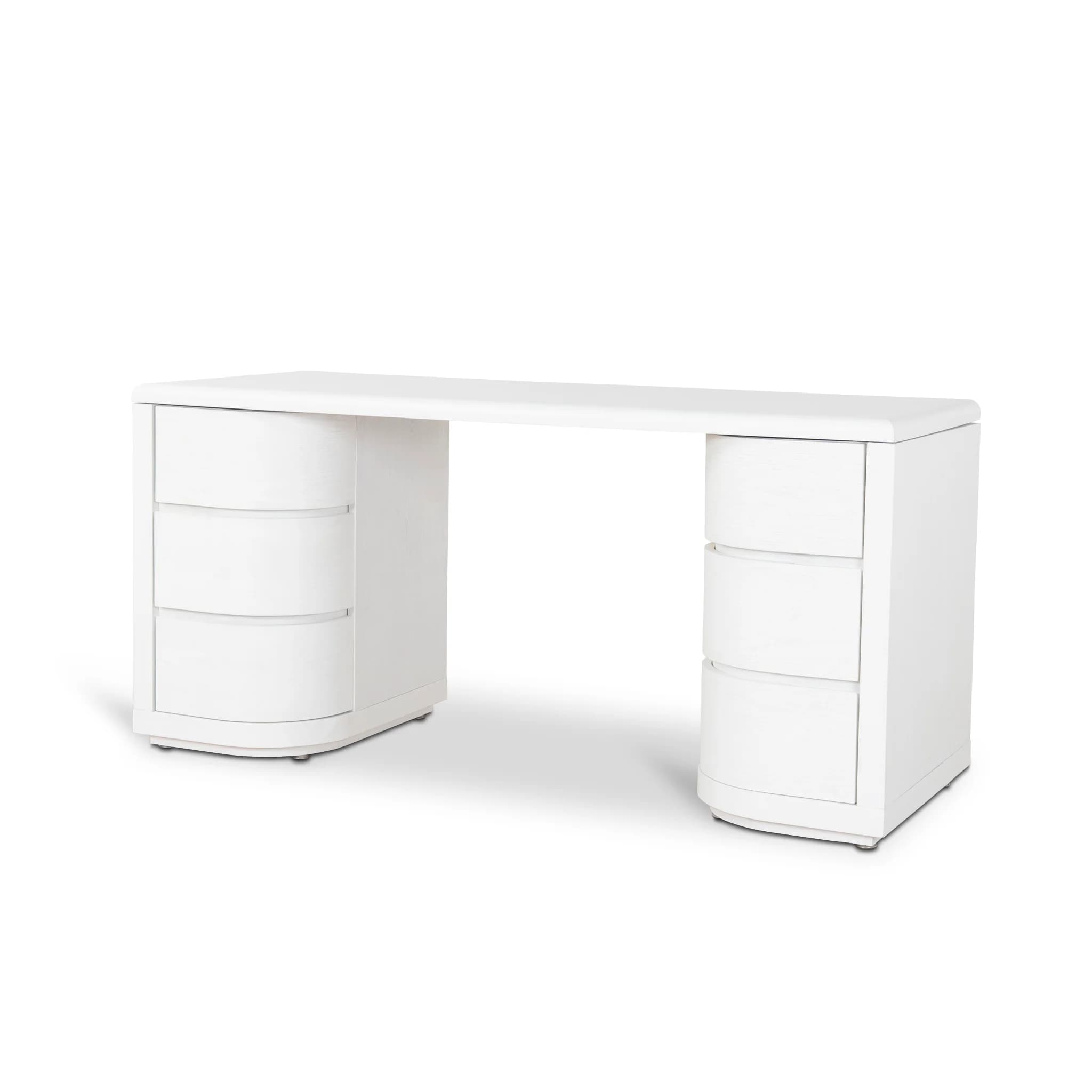 A white, modern desk with a smooth, curved surface. It features two pedestal bases, each containing three drawers with curved fronts. The overall design is sleek and contemporary, with rounded edges and a minimalist aesthetic. — 3D model