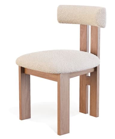 A modern chair with a light wood frame and upholstered seat and backrest. The frame has a distinctive H-shaped structure at the rear legs. The seat and backrest are padded and covered in a textured, neutral-toned fabric. — 3D model