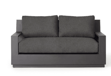A modern two-seater loveseat featuring a dark grey metal frame with integrated blocky armrests and matching dark grey fabric cushions. The design is minimalist and rectilinear. — 3D model