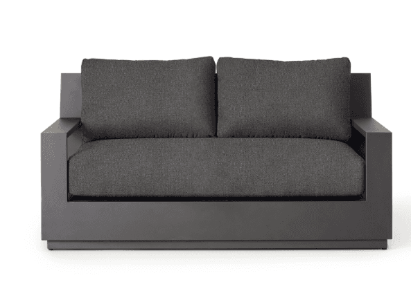 A modern two-seater loveseat featuring a dark grey metal frame with integrated blocky armrests and matching dark grey fabric cushions. The design is minimalist and rectilinear. — 3D model