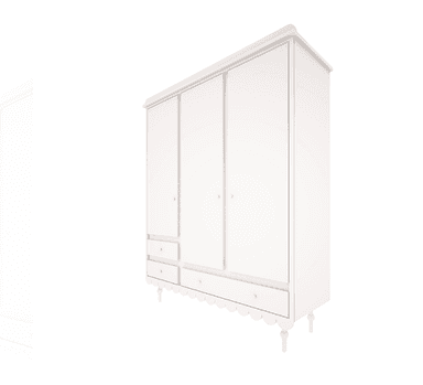 A white painted wooden wardrobe featuring a classic design. It has three doors in total: one on the left with two smaller drawers below it, and two full-height doors in the middle and right sections. A single wide drawer spans the base beneath the middle and right doors. The wardrobe stands on turned bun feet and has a decorative scalloped apron along its bottom edge, finished with a simple cornice molding at the top. — 3D model
