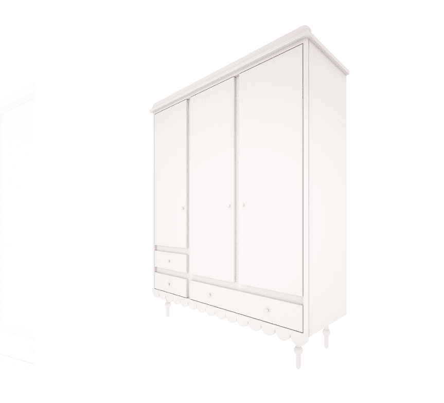 A white painted wooden wardrobe featuring a classic design. It has three doors in total: one on the left with two smaller drawers below it, and two full-height doors in the middle and right sections. A single wide drawer spans the base beneath the middle and right doors. The wardrobe stands on turned bun feet and has a decorative scalloped apron along its bottom edge, finished with a simple cornice molding at the top. — 3D model