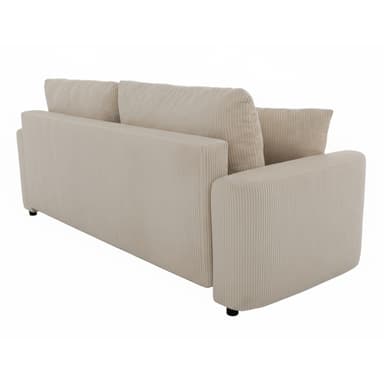 A contemporary three-seat sofa upholstered in light beige corduroy fabric, featuring thick cushions and block armrests. — 3D model