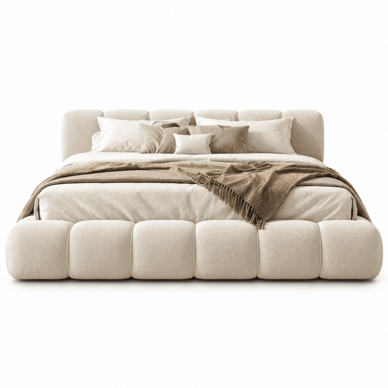 A modern platform bed featuring extensive soft padding and full upholstery, characterized by its rounded edges and a low-profile design. The headboard and side rails are constructed from individual, rectangular padded segments, giving the bed a plush, inviting appearance. It is presented with neutral-toned bedding, pillows, and a throw blanket, enhancing its contemporary and comfortable aesthetic. — 3D model