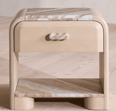 A contemporary nightstand featuring a light-colored wooden frame with soft, rounded edges, complemented by a polished marble top and a matching lower marble shelf. It includes a single drawer with a sculptural marble pull. — 3D model