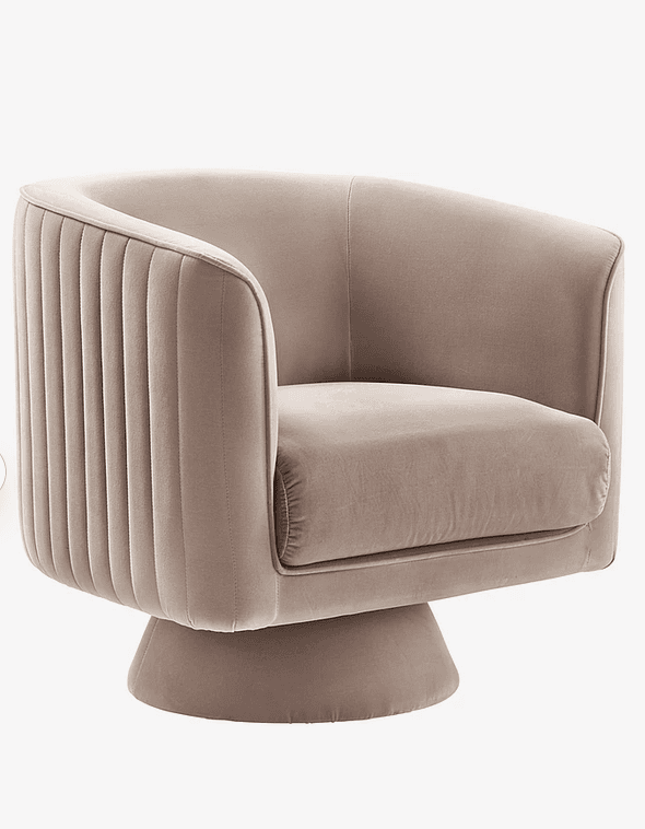 A contemporary swivel barrel chair upholstered in light beige velvet, featuring channel tufting on the exterior back and a concealed swivel base. — 3D model