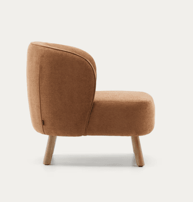 A compact, contemporary upholstered chair featuring a rounded back and seat, supported by four splayed wooden legs. The chair is entirely covered in a textured, brown fabric, with subtle piping along the seams of the backrest. Its design is armless, creating a clean and minimalist silhouette. — 3D model