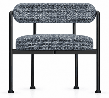 An armless accent chair featuring a minimalist black metal frame and two distinct, rounded cushions upholstered in a textured grey and blue fabric. The seat and back cushions are separate, providing a clean, modern aesthetic. The legs are slender, cylindrical, and equipped with black glides. — 3D model