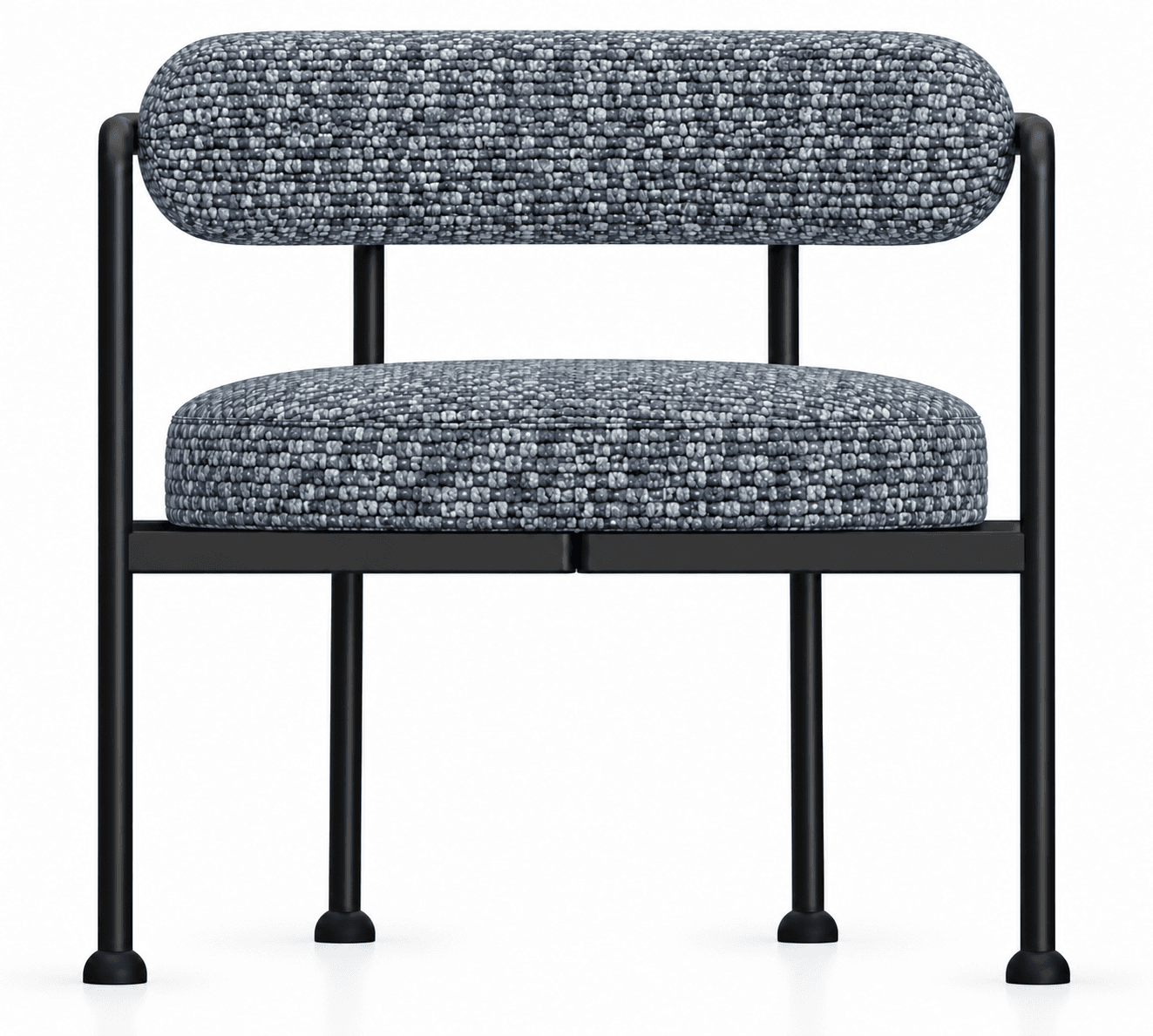 An armless accent chair featuring a minimalist black metal frame and two distinct, rounded cushions upholstered in a textured grey and blue fabric. The seat and back cushions are separate, providing a clean, modern aesthetic. The legs are slender, cylindrical, and equipped with black glides. — 3D model