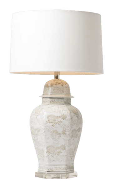 A decorative table lamp featuring a ceramic ginger jar base with intricate floral patterns in a neutral color palette. The base is octagonal and sits on a clear acrylic stand. A cylindrical white fabric lampshade completes the piece. — 3D model