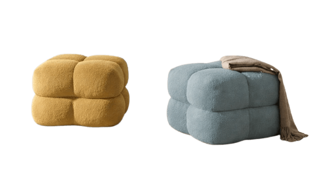 A contemporary cube-shaped ottoman featuring segmented upholstery in a textured boucle fabric. The design consists of eight distinct, rounded sections that give it a sculptural, 'bubble' appearance, upholstered in a dusty blue color. — 3D model
