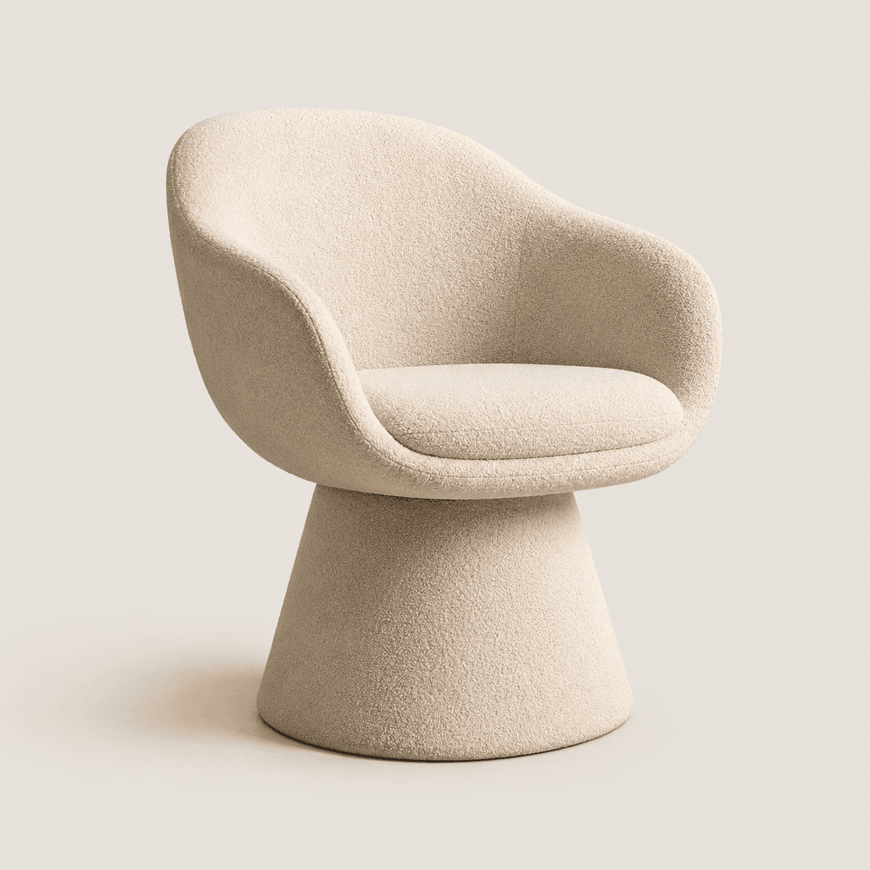 An upholstered lounge chair featuring a wide, inviting seat and a gently curved backrest, entirely covered in a textured boucle fabric. The chair is supported by a solid, conical swivel base, also upholstered in the same fabric, giving it a monolithic appearance. — 3D model