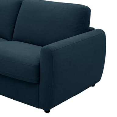 A close-up view of the armrest and cushions of a contemporary dark blue upholstered sofa. The sofa features clean lines, fixed rectangular armrests with a slight outward curve, and plump, separate seat and back cushions, all covered in a finely textured woven fabric. Small, dark, recessed feet are visible at the base. — 3D model