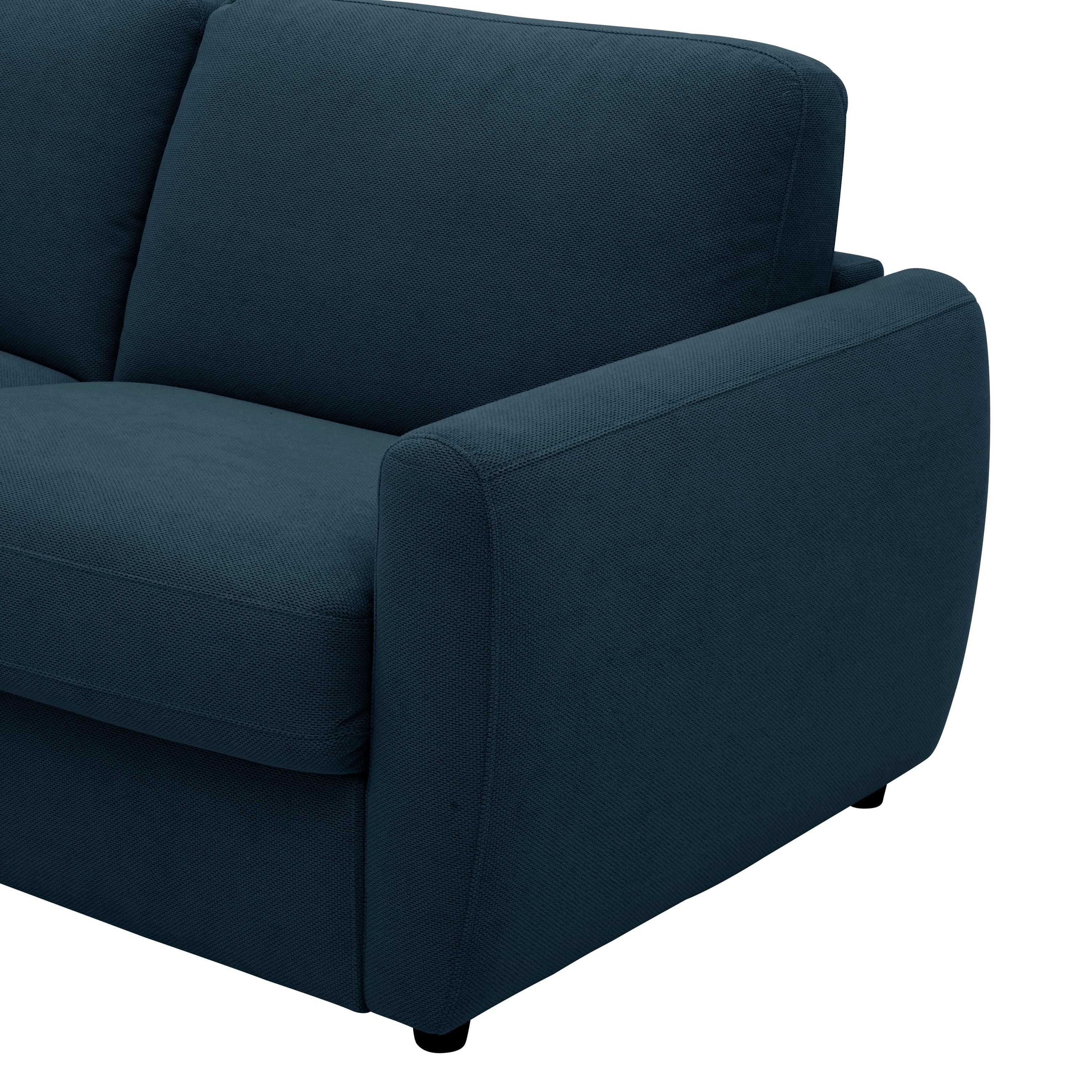 A close-up view of the armrest and cushions of a contemporary dark blue upholstered sofa. The sofa features clean lines, fixed rectangular armrests with a slight outward curve, and plump, separate seat and back cushions, all covered in a finely textured woven fabric. Small, dark, recessed feet are visible at the base. — 3D model