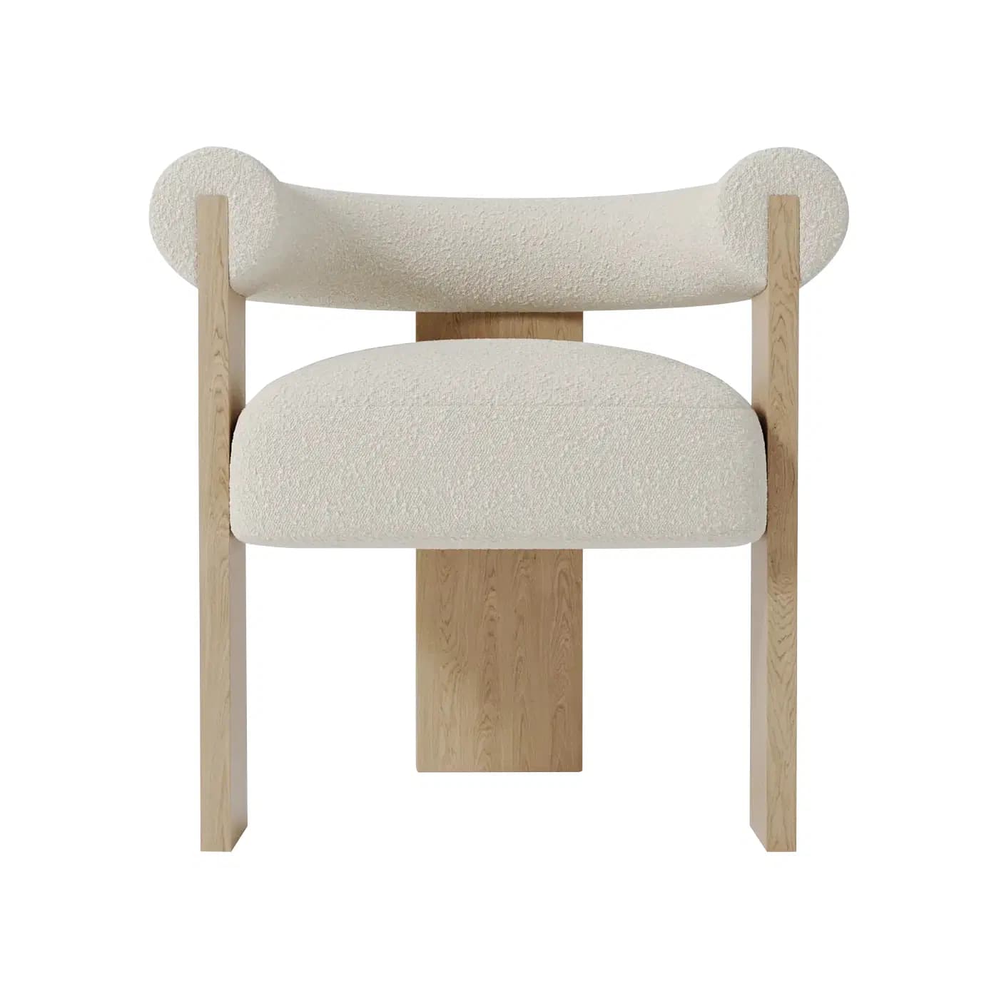 A modern armchair featuring a curved backrest and a padded seat. The frame is constructed from light-colored wood with a visible grain pattern. The upholstery is a textured, boucle-like fabric in a neutral off-white color. The design incorporates rounded elements in the backrest and a substantial wooden base. — 3D model