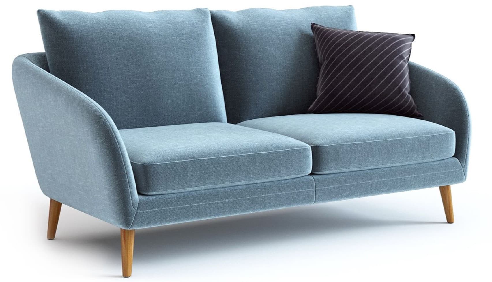 A contemporary two-seater loveseat upholstered in a light blue textured fabric, featuring rounded track arms and tapered wooden legs. It includes two separate seat cushions and two matching back cushions, one of which is partially obscured by a decorative throw pillow. — 3D model