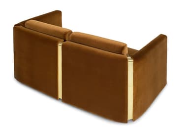 A contemporary two-seater sofa with a minimalist design. The sofa features a plush velvet upholstery in a warm brown hue. Its structure is characterized by clean lines, with substantial armrests and back cushions. Accents of polished brass or gold-toned metal are visible at the top of the armrests and between the back cushions, providing a luxurious contrast to the fabric. — 3D model