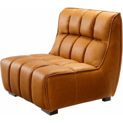 A modern armchair upholstered in a smooth, tan-colored leather. The armchair features a distinctive channel-tufted design on both the seat and the backrest, creating a segmented, plush appearance. It has a low profile with a slightly reclined back and wide, rounded arms that flow into the back. The piece is supported by dark, blocky feet. — 3D model