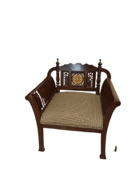 An ornate wooden accent chair featuring a dark stained frame, an upholstered seat cushion, and a richly carved backrest with a decorative ceramic tile inlay. The armrests are solid, curved panels with slatted detailing on the interior. — 3D model