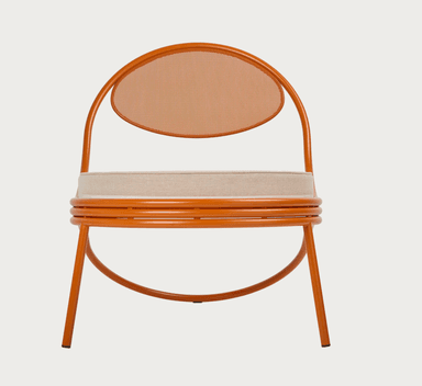 An orange metal accent chair with a rounded backrest and a circular seat cushion. The frame is constructed from tubular metal, with the backrest featuring a mesh-like insert. The seat cushion has a striped fabric pattern in beige and white. — 3D model