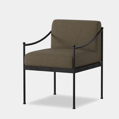 A modern chair featuring a minimalist black metal frame and textured brown fabric upholstery. The image shows the back of the chair, highlighting a rectangular padded backrest and slender cylindrical legs. — 3D model