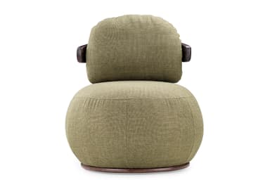 A contemporary lounge chair, viewed from the back, featuring a rounded, bulbous form. It is upholstered in a textured olive-green fabric. A prominent dark-stained wooden bar serves as the top backrest, supported by a central wooden spine that extends down to a circular wooden base. — 3D model