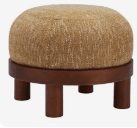A small, round ottoman with a wooden base and four cylindrical legs. The upholstered top is covered in a textured, light brown fabric. — 3D model