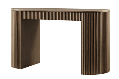 A contemporary semicircular console table crafted from light-toned wood. It features a smooth, half-moon shaped tabletop and two robust, fluted pedestal-style supports that are also rounded on their outer faces, creating a unified and textural aesthetic. The design is minimalist yet detailed, with a consistent wood grain visible across all surfaces. — 3D model