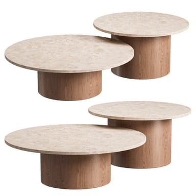 A low-profile, round coffee table featuring a light-colored, natural travertine tabletop and a sturdy, cylindrical wooden pedestal base. The design is minimalist and contemporary, highlighting the natural textures of its materials. — 3D model