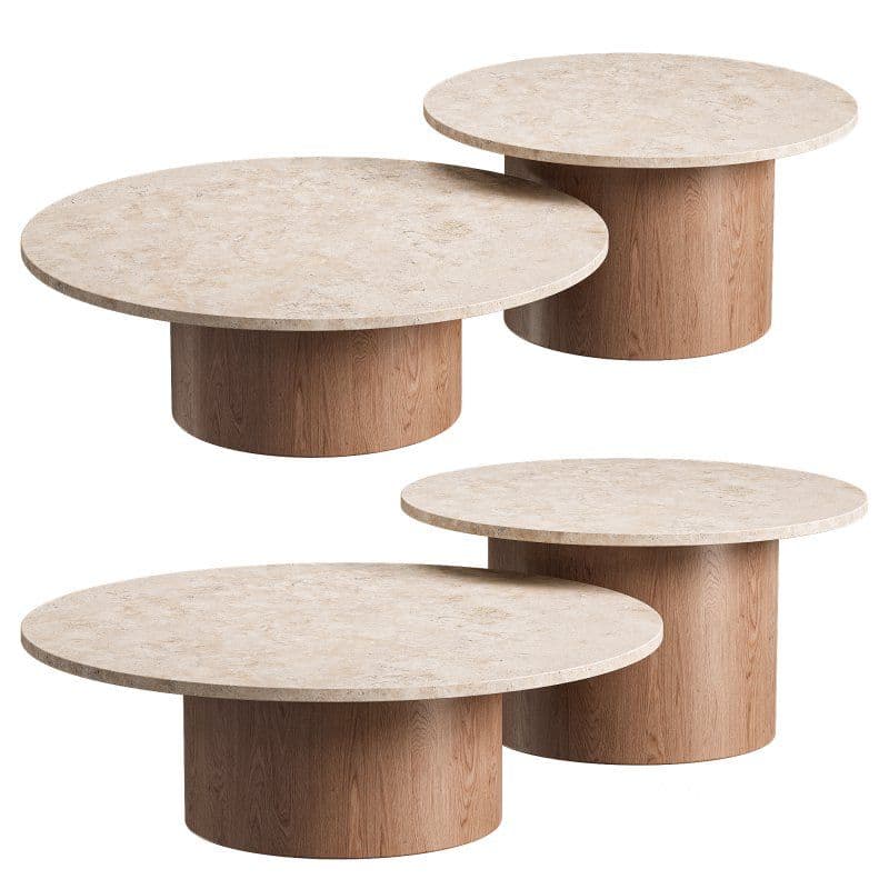 A low-profile, round coffee table featuring a light-colored, natural travertine tabletop and a sturdy, cylindrical wooden pedestal base. The design is minimalist and contemporary, highlighting the natural textures of its materials. — 3D model