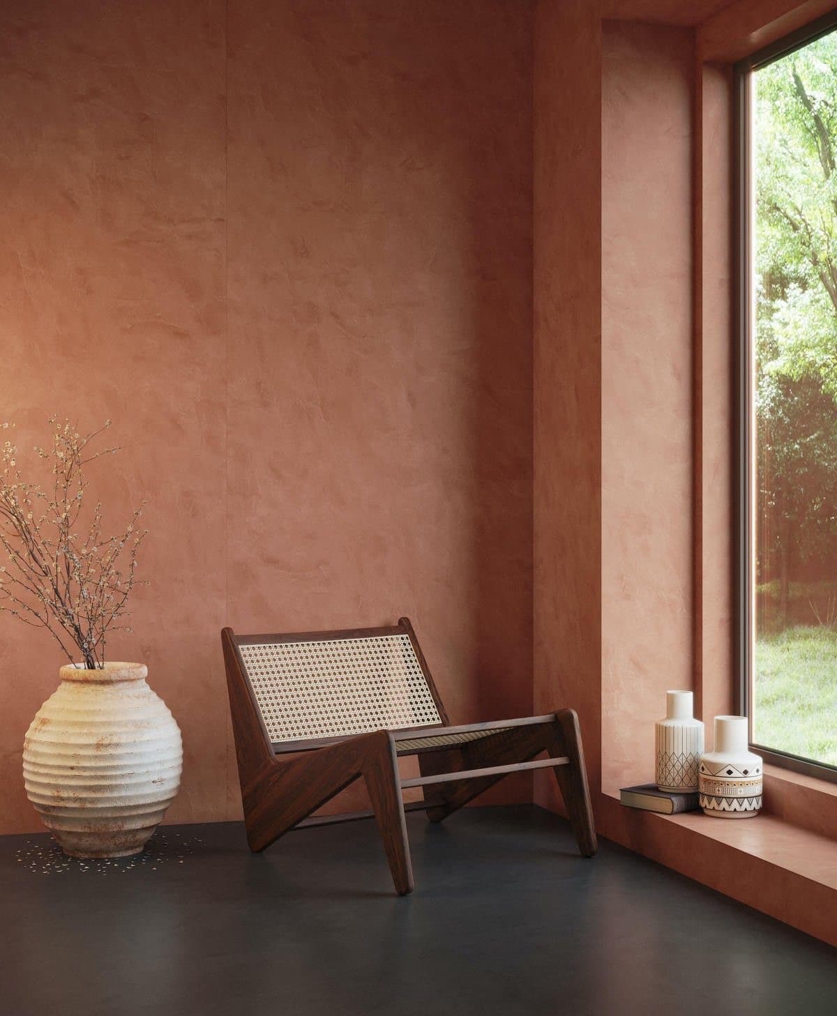 A low-profile lounge chair constructed with a dark wooden frame and woven cane webbing for the seat and backrest. The chair features angled legs and a minimalist design. — 3D model