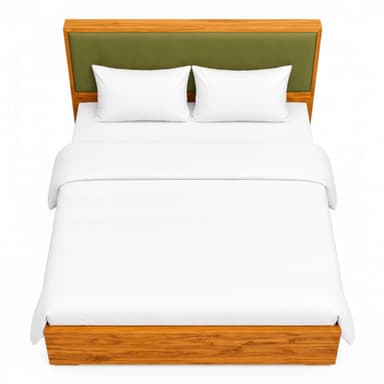 A modern platform bed featuring a substantial wooden frame with prominent grain and an integrated headboard upholstered in a deep green fabric. The bed is prepared with white bedding and two matching white pillows, presented against a clean white background. — 3D model