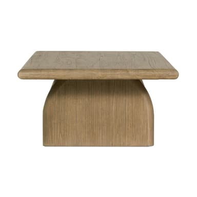 A low rectangular coffee table with a thick, rounded top and two sturdy, cylindrical legs positioned towards the ends of the table. The piece has a minimalist design and appears to be made from solid wood. — 3D model