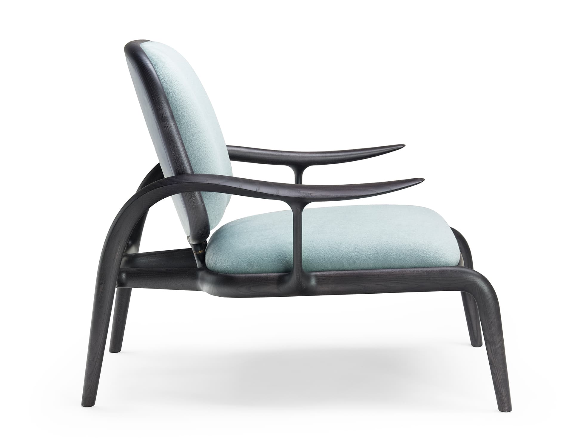 A lounge chair featuring a dark-stained sculpted wooden frame with a light blue upholstered seat and back. The frame exhibits fluid, organic curves, particularly in its armrests and integrated legs. — 3D model
