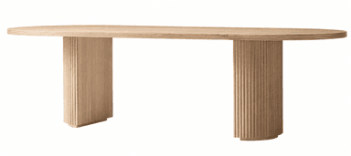 An oval coffee table crafted from light natural oak wood, featuring a smooth, elongated top supported by two substantial U-shaped pedestal bases with fluted exterior surfaces. — 3D model