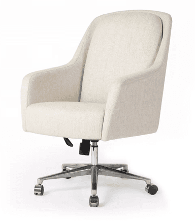 A light-colored fabric office chair with armrests and a five-star base with casters. The chair features a high back with a slightly curved top and integrated armrests that flow into the backrest. The upholstery appears to be a textured, woven fabric. The base is made of polished metal and includes a central pneumatic lift mechanism. — 3D model