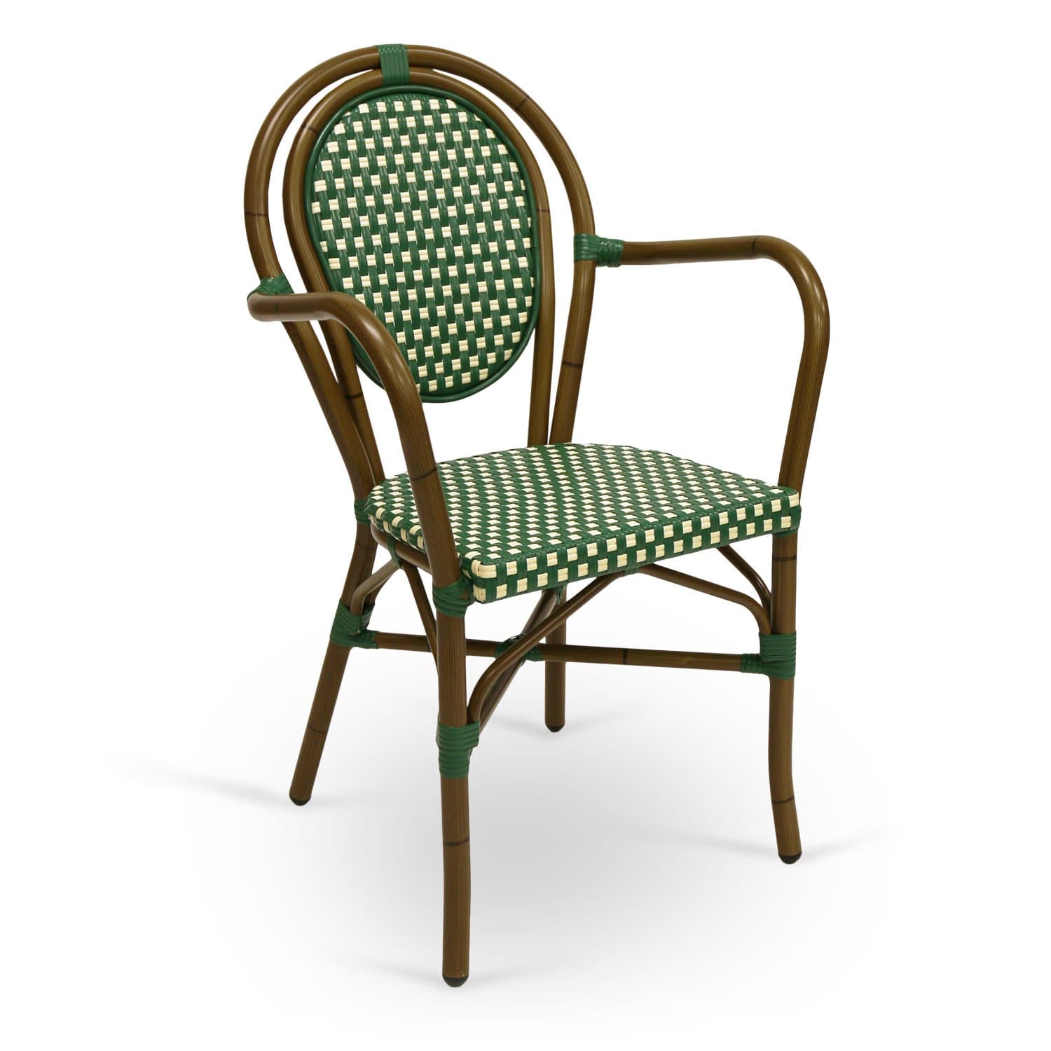 A classic bistro armchair featuring a woven seat and back. The frame is constructed from curved tubular elements that resemble wood or bamboo, with dark brown finish. The seat and the oval backrest are woven with a diamond pattern in green and off-white (or light beige) colored synthetic material. The arms are also formed by curved tubular elements. The legs are straight and appear to be made of the same material as the frame. The weaving is wrapped around the frame at several points, adding decorative detail and structural support. — 3D model