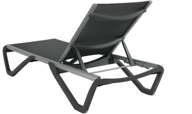 A modern chaise lounge chair with a dark grey fabric seat and backrest, supported by a grey aluminum frame. The chaise lounge features an adjustable backrest with a visible mechanical hinge and support structure, and a streamlined, contemporary design suitable for outdoor or indoor relaxation. — 3D model