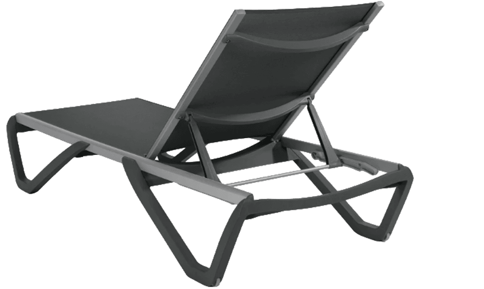 A modern chaise lounge chair with a dark grey fabric seat and backrest, supported by a grey aluminum frame. The chaise lounge features an adjustable backrest with a visible mechanical hinge and support structure, and a streamlined, contemporary design suitable for outdoor or indoor relaxation. — 3D model