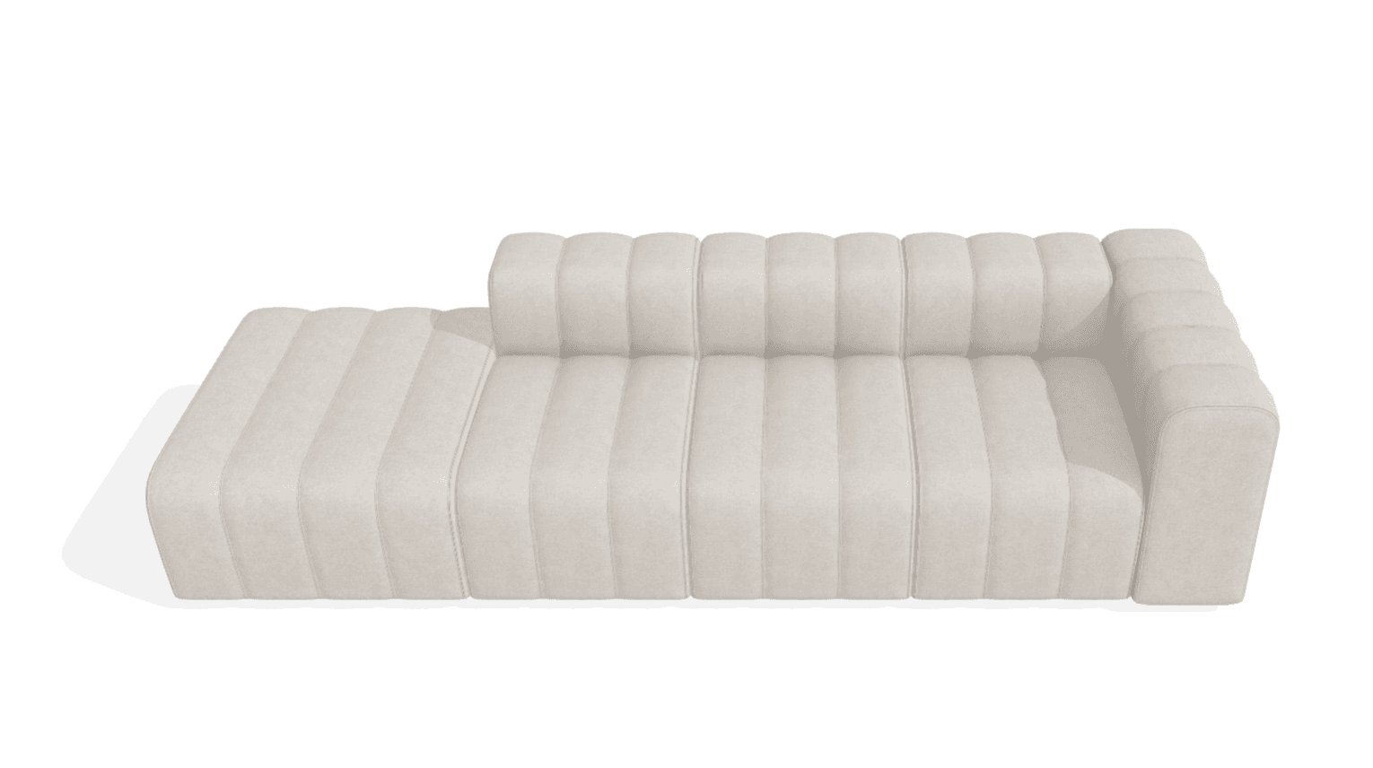 A modern, low-profile sectional sofa featuring a chaise lounge on the left side. The sofa is upholstered in a textured fabric with a fluted or channel-stitched design across the back cushions, seat, and chaise. The armrest is on the right side and is also upholstered and integrated into the frame. — 3D model