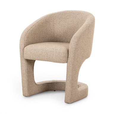 A contemporary accent chair with a curved backrest and upholstered seat and frame. The chair features a rounded, open base structure that flows into the armrests and back. — 3D model