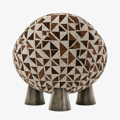 A modern spherical lounge chair featuring a distinctive geometric patterned upholstery and supported by four short, conical metal legs. The chair has an enveloping design, with integrated armrests and a separate, round seat cushion. — 3D model