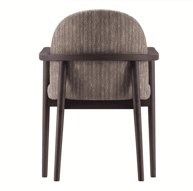 An armchair featuring a contemporary design with a dark wooden frame and upholstered in a light brown, textured fabric. The frame forms a continuous, curved shape that encompasses the backrest and extends into integrated armrests. The seat and the inner part of the backrest are upholstered, providing a comfortable seating surface. The fabric appears to be a durable woven textile with variations in tone, creating a speckled or tweed-like effect. — 3D model