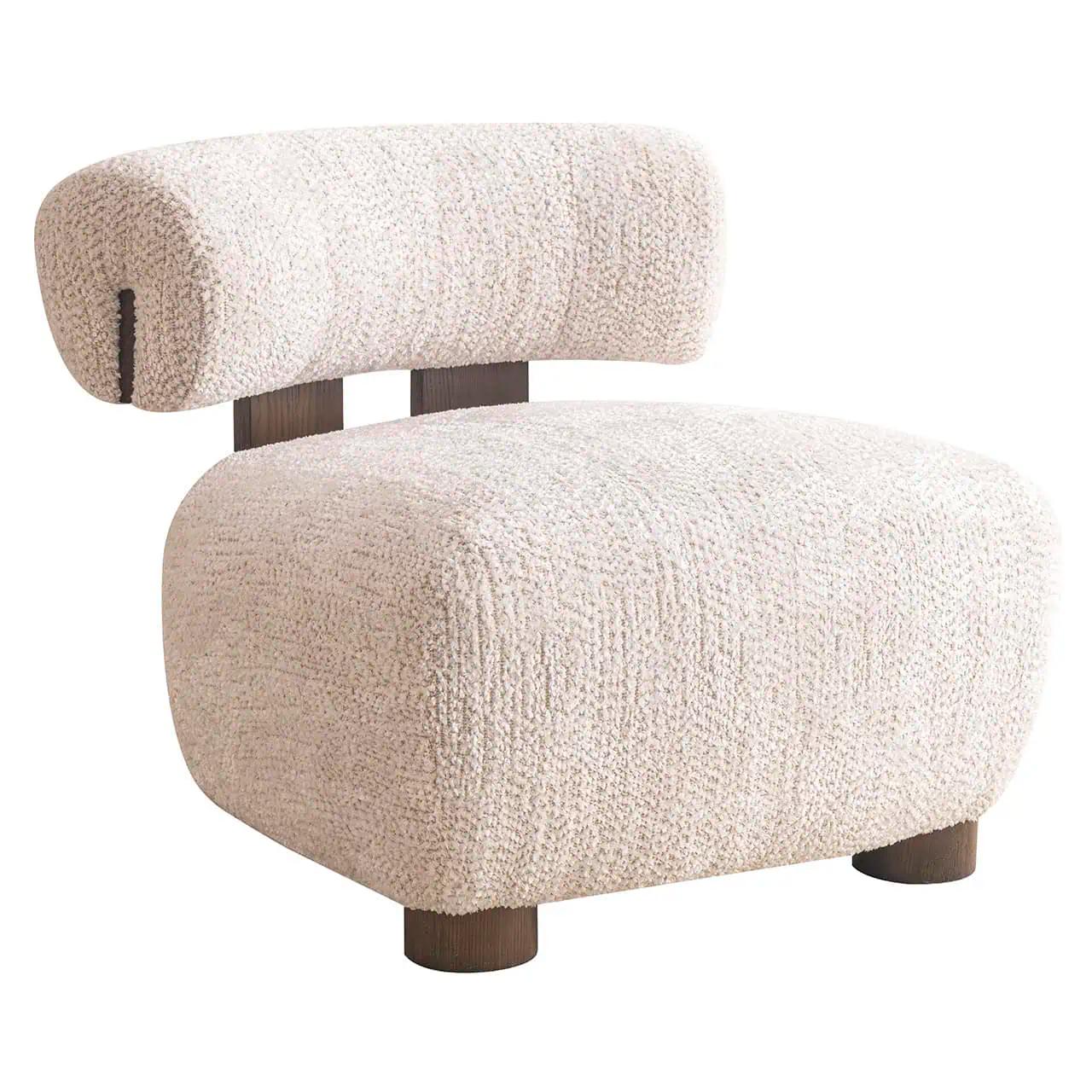A modern armchair with a thick, rounded,  and slightly curved back.  The seat has a similar rounded shape and rests on four short, cylindrical legs with a dark brown finish. The upholstery is a soft, white, textured fabric.