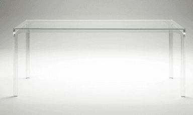 A minimalist, rectangular table constructed entirely from clear glass, featuring a transparent top and legs that are seamlessly integrated into the design. — 3D model