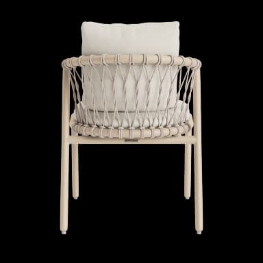 A contemporary armchair featuring a light beige powder-coated metal frame, a distinctive woven beige rope backrest, and two thick, light cream-colored upholstered cushions for the seat and back. — 3D model