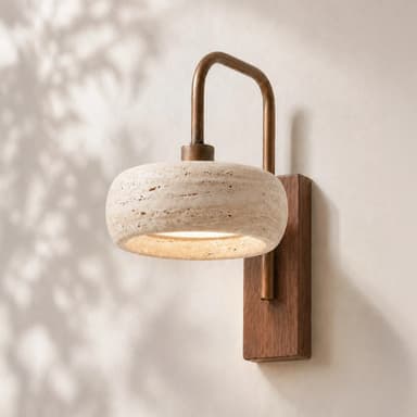 A modern wall sconce featuring a bowl-shaped shade crafted from rough-textured travertine stone. The shade emits a soft, diffused light. It is supported by a curved, aged brass arm that attaches to a rectangular wooden backplate, which is designed for wall mounting. — 3D model