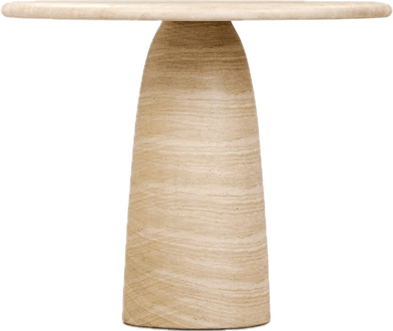 A small, round side table crafted entirely from natural travertine stone, featuring a circular top and a conical pedestal base. The stone displays characteristic horizontal banding and a matte finish. — 3D model